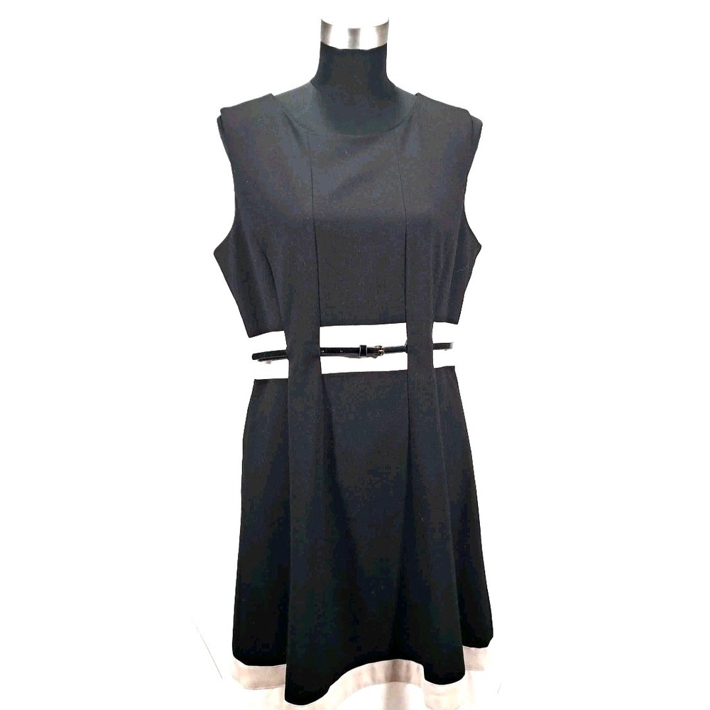 Calvin Klein Womens Black White Colorblock‎ Belted A-Line Dress 12 Sleeveless